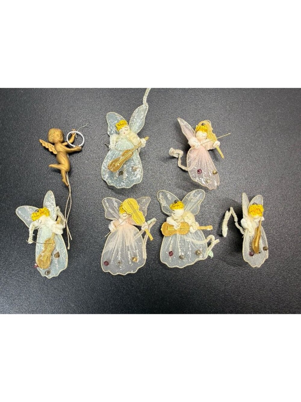 Vintage Tulle Pipe Cleaner Lot Of 6 Angels Instruments Christmas Ornaments Japan